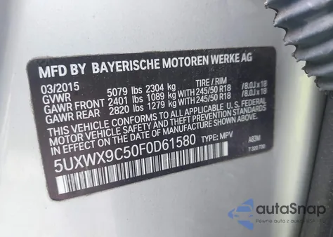 2015 BMW X3 xDrive28I from USA, damaged, VIN 5UXWX9C50F0D61580